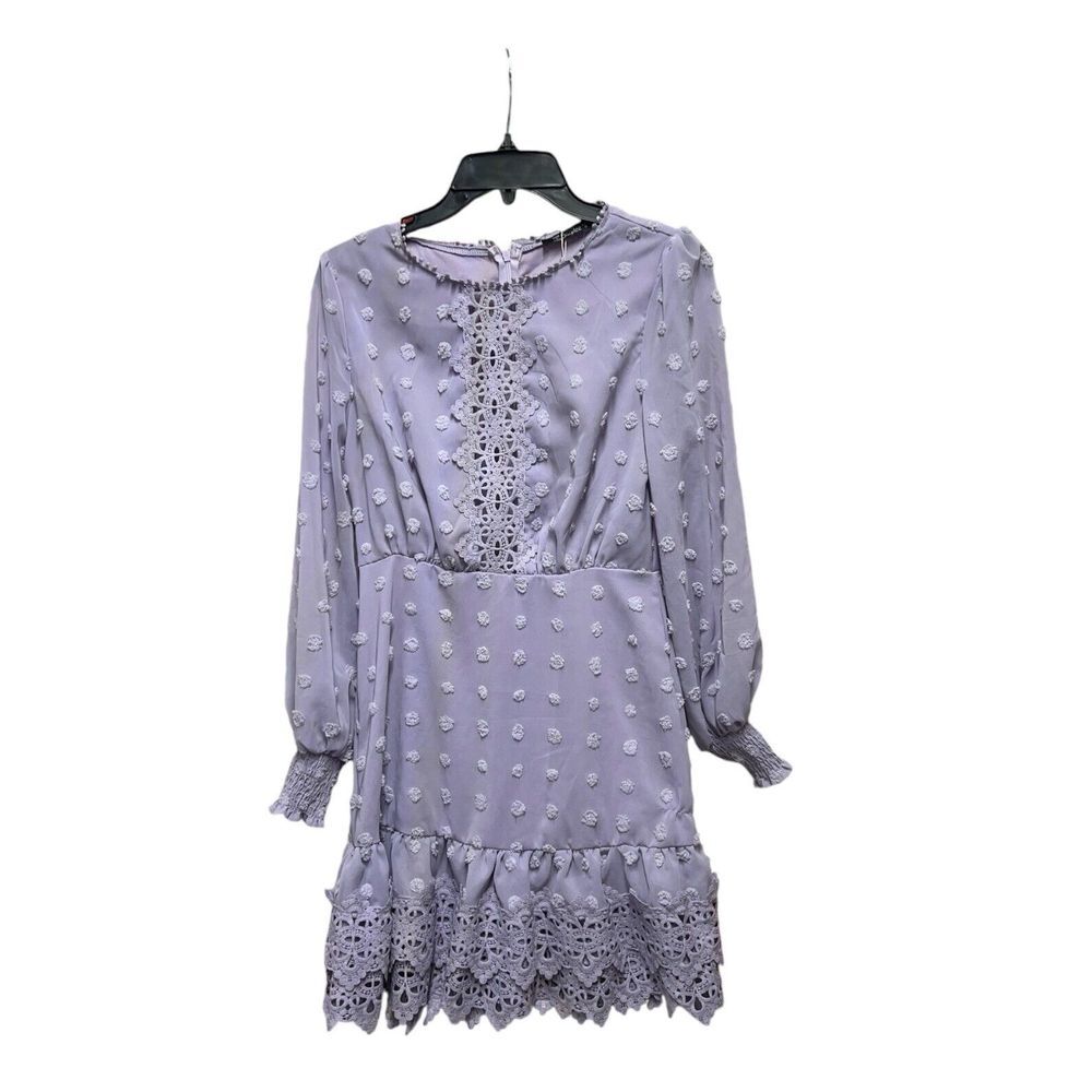 Simplee Swiss Dot‎ Dress Size Small Long Sleeve Crochet Lace Trim Purple